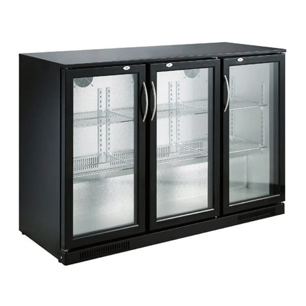Barkühlschrank, 298 Liter, +2 bis +10 °C, 3 Türen, Umluftkühlung, schwarz