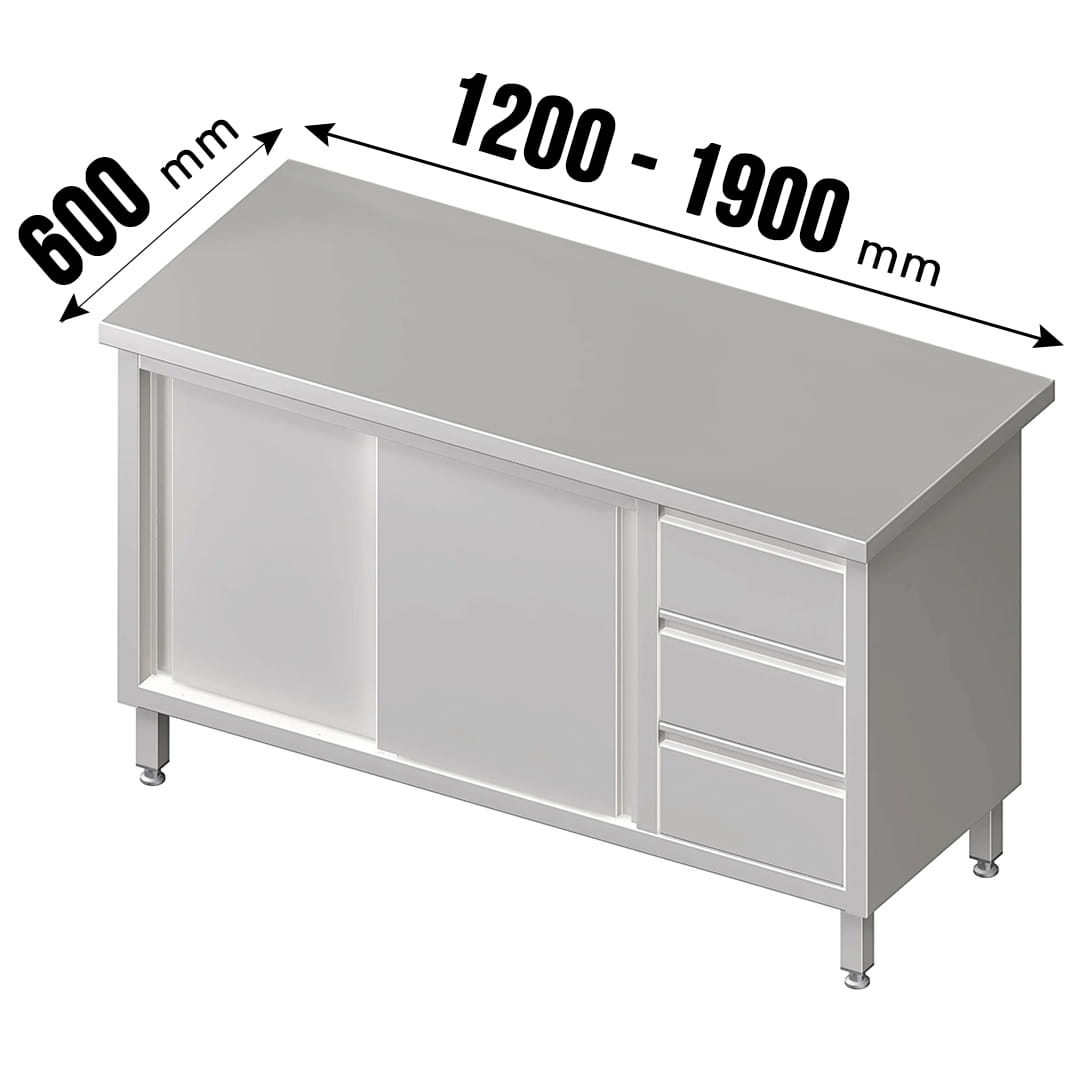Arbeitsschrank, Schiebetüren, ohne Aufkantung, 3 Schubladen rechts, Tiefe 600mm