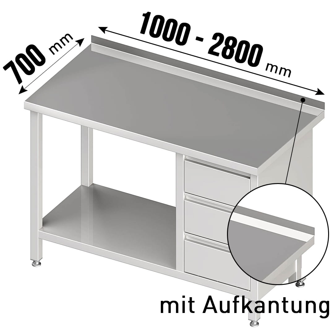 Arbeitstisch, mit Aufkantung, mit Grundboden, mit 3er Schubladenblock rechts