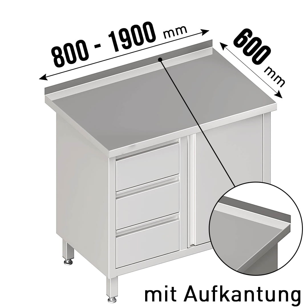 Arbeitsschrank, Flügeltüren, Aufkantung, 3 Schubladen links, Tiefe 600mm