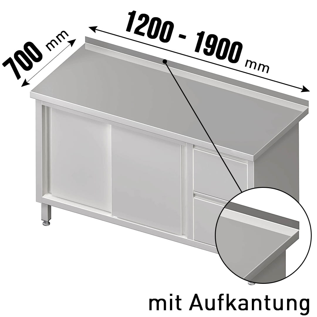 Arbeitsschrank, Schiebetüren, Aufkantung, 2 Schubladen rechts, Tiefe 700mm