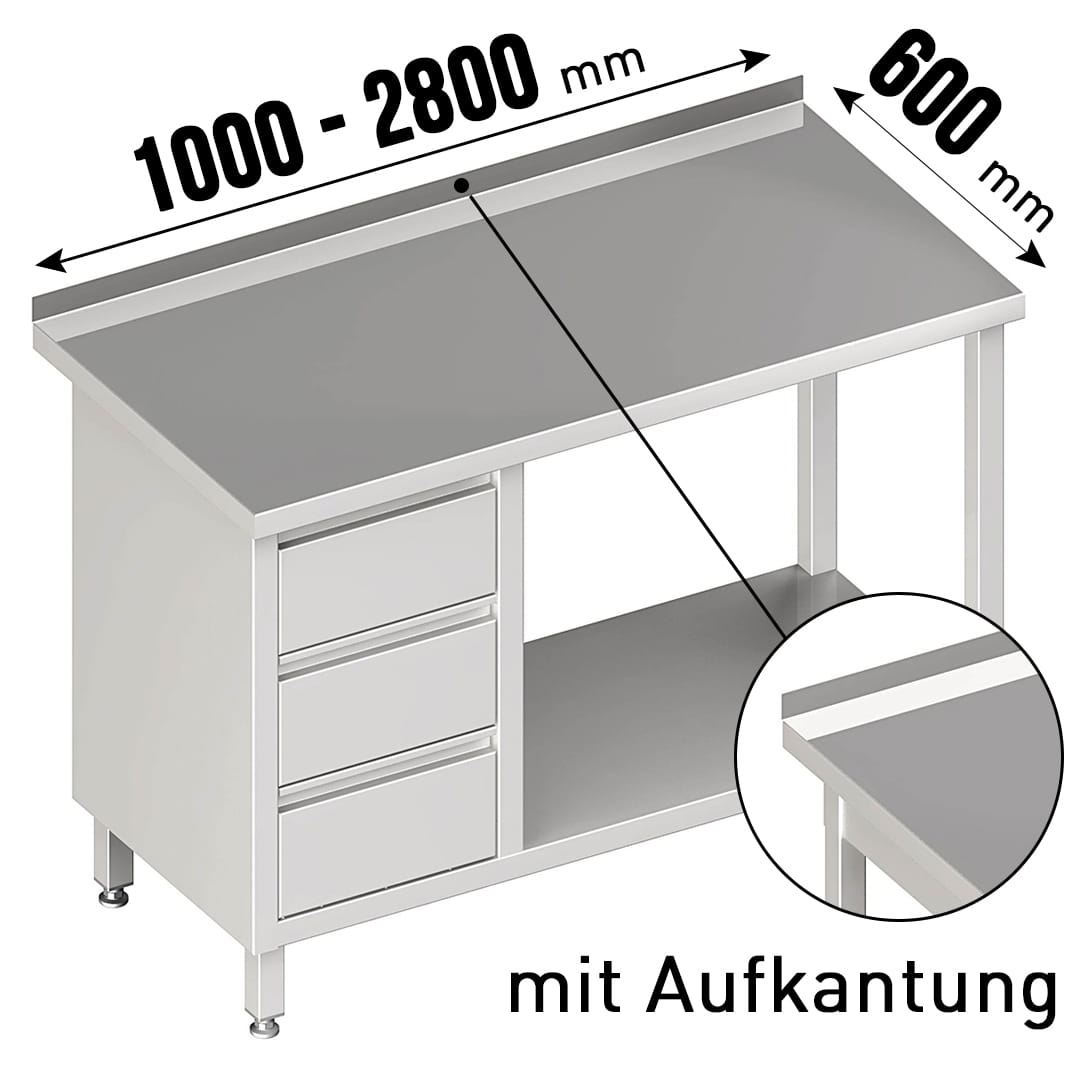 Arbeitstisch, Aufkantung, Grundboden, 3 Schubladen links, Tiefe 600mm