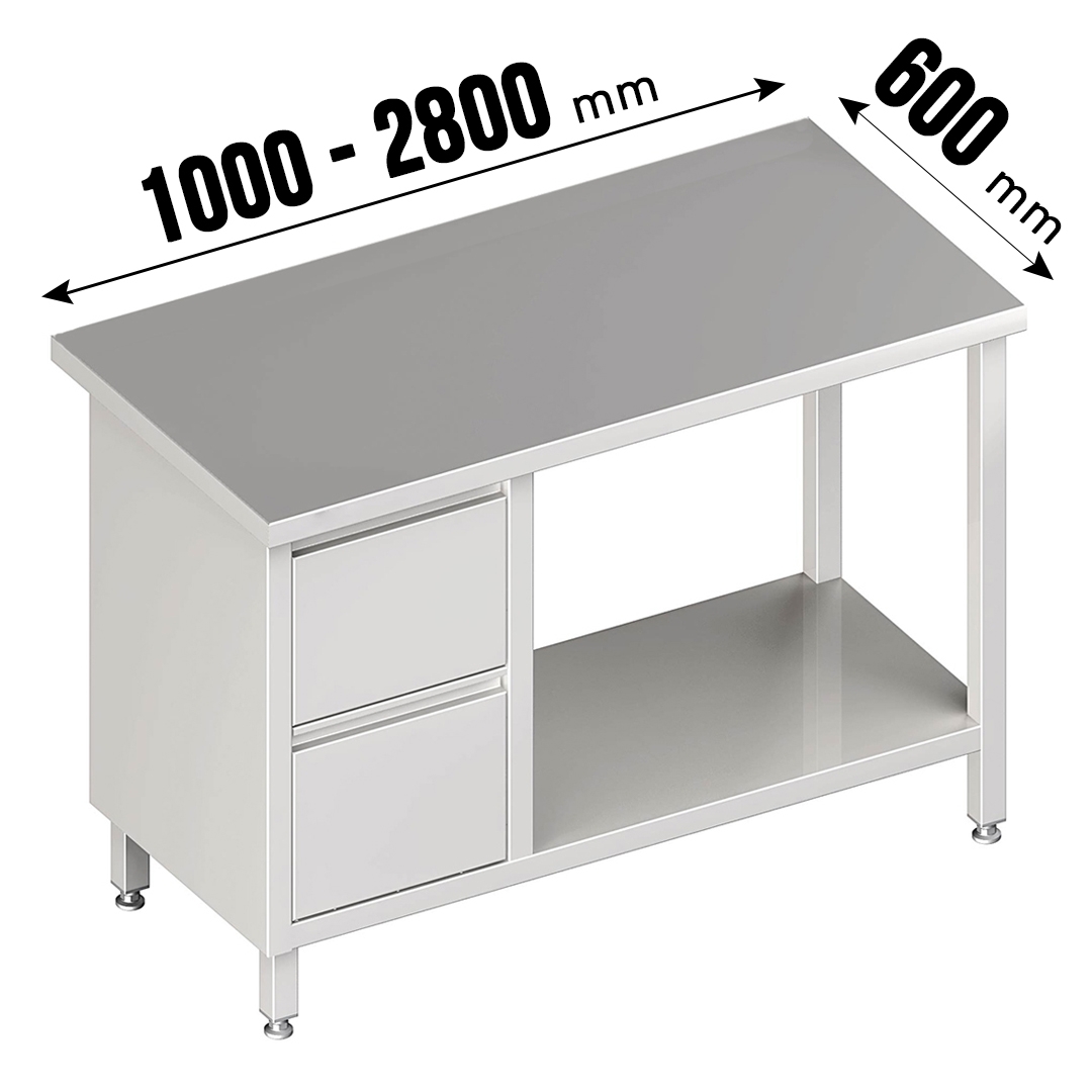 Arbeitstisch, ohne Aufkantung, Grundboden, 2 Schubladen links, Tiefe 600mm