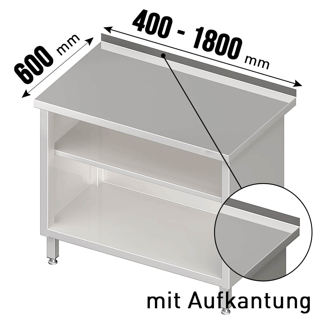 Arbeitsschrank, vorne offen, Aufkantung, Einlegeboden höhenverstellbar, Tiefe 600mm