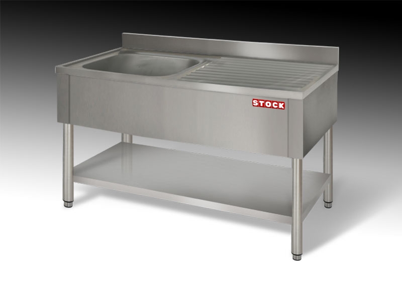 STOCK Spültisch, 1 Becken links, Abtropf rechts, offener Unterbau mit Grundboden, runde Beine