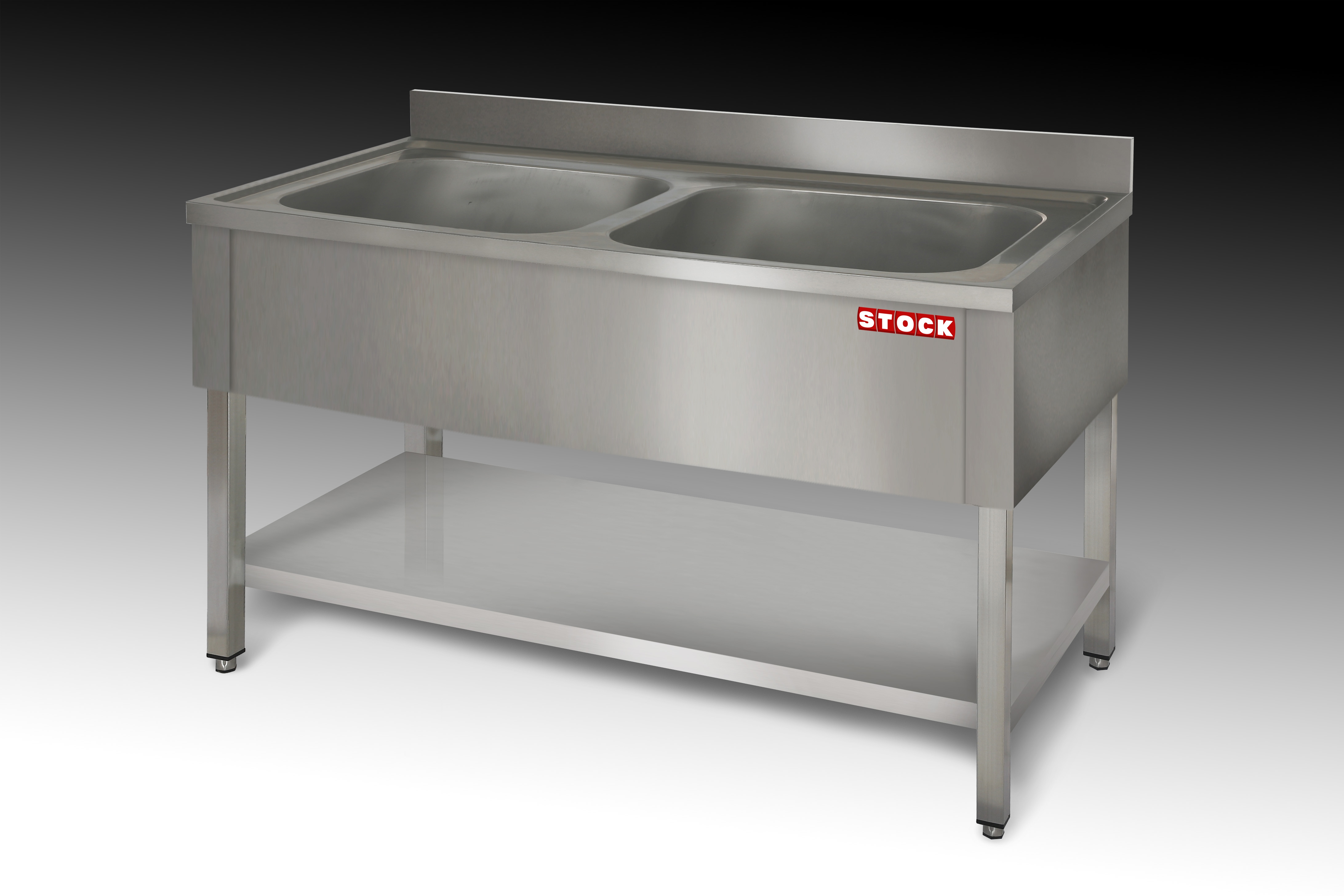 STOCK Spültisch, 2 Becken, offener Unterbau mit Grundboden, runde Beine