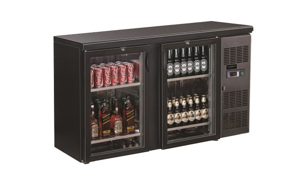 Barkühlschrank, 350 Liter, +2 bis +8 °C, 2 Glastüren, Umluftkühlung, schwarz
