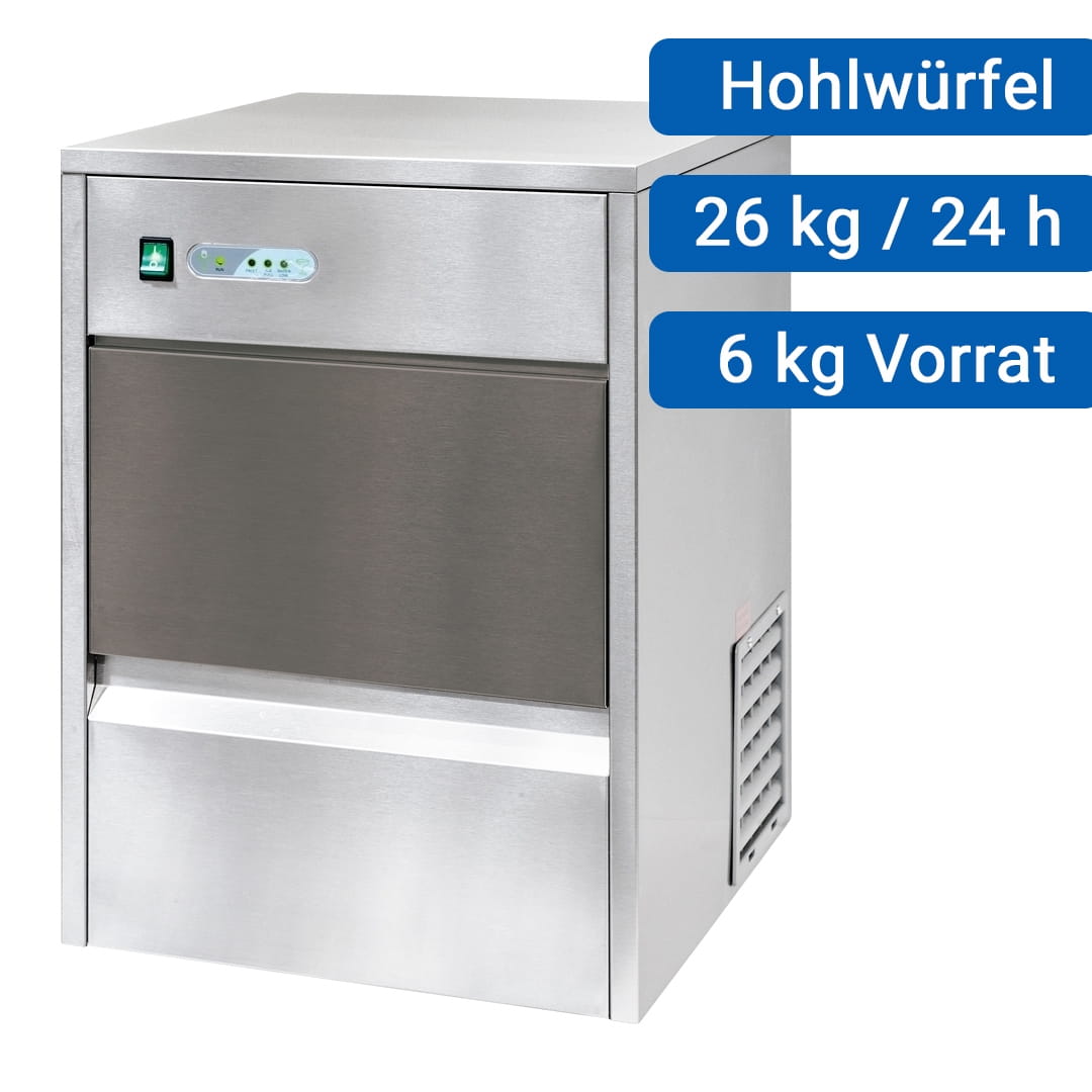 ECO Eiswürfelbereiter luftgekühlt, 26kg/Tag, 6 kg Vorrat, Hohlwürfel