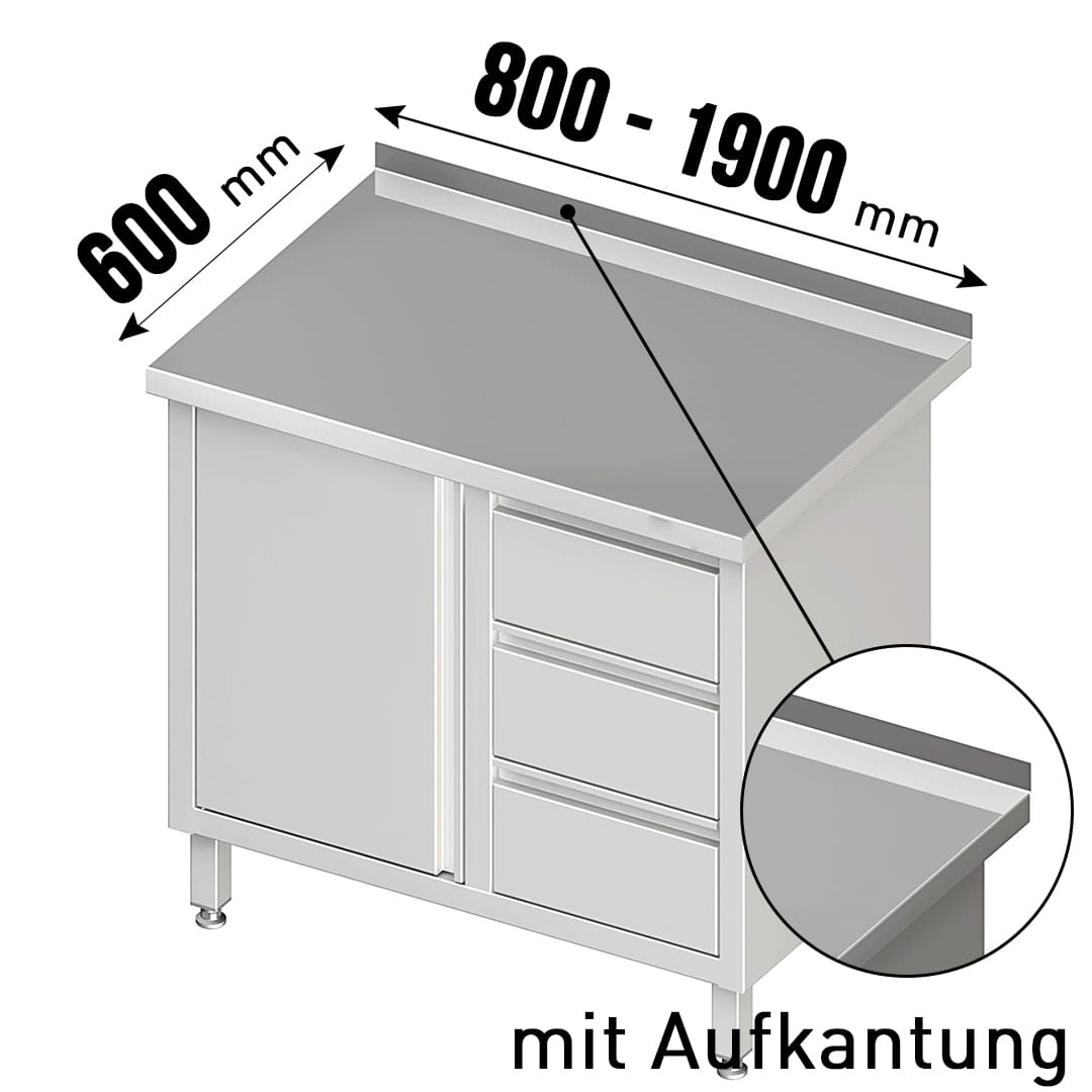Arbeitsschrank, Flügeltüren, Aufkantung, 3 Schubladen rechts, Tiefe 600mm