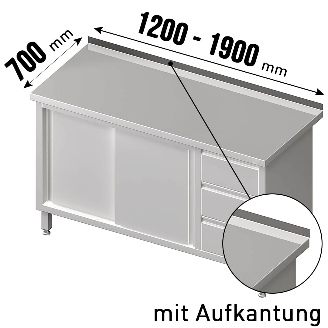 Arbeitsschrank, mit Schiebetüren, mit Aufkantung, mit 3er Schubladenblock rechts, 1 höhenverstellbar