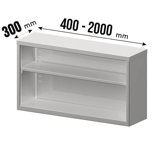 Wandhängeschrank, vorne offen, Zwischenboden höhenverstellbar, Edelstahl, 300 mm Tiefe