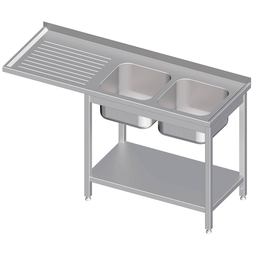Spültisch mit Grundboden, zwei Becken und Überstand, 600 mm Tiefe