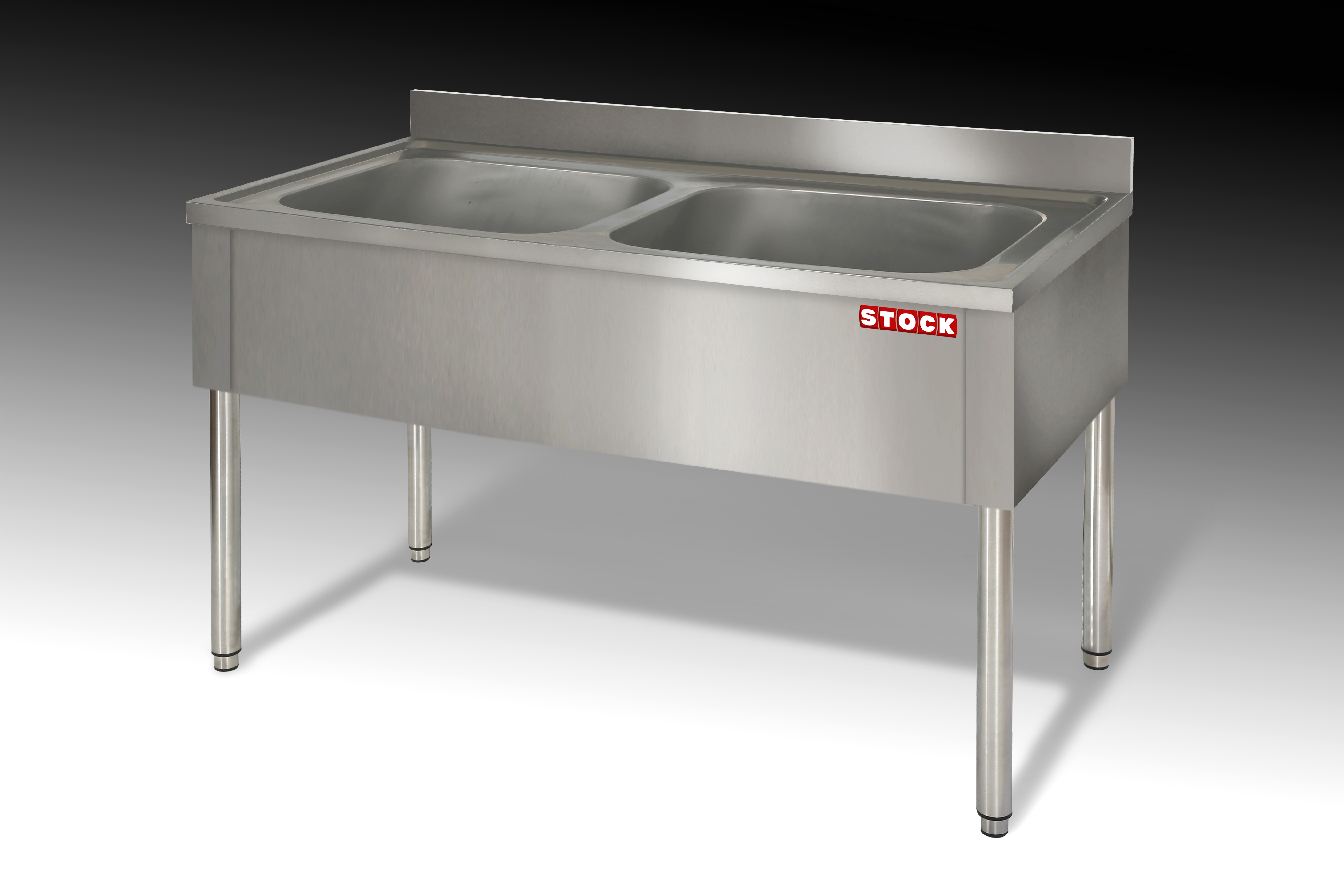STOCK Spültisch, 2 Becken, offener Unterbau, runde Beine