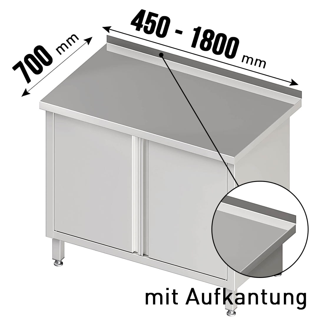 Arbeitsschrank Edelstahl, Flügeltüren, Aufkantung, höhenverstellbarer Boden