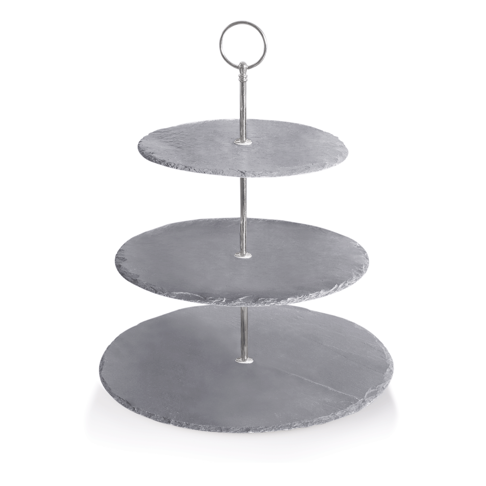 Etagere  mit runden Naturschieferplatten 300/250/200 mm, 3-stufig, 4-6 mm Materialstärke, gebrochene
