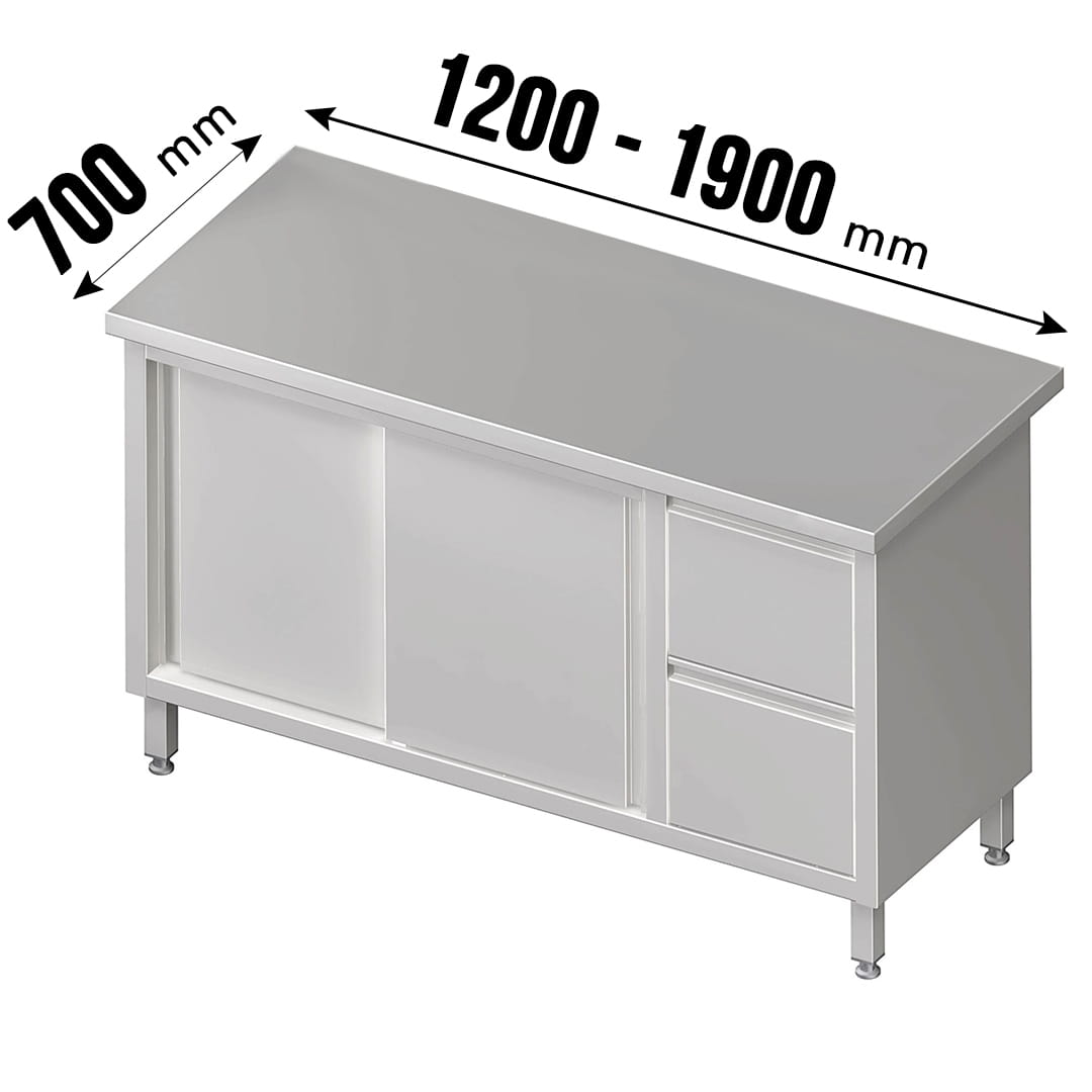 Arbeitsschrank, Schiebetüren, ohne Aufkantung, 2 Schubladen rechts, Tiefe 700mm