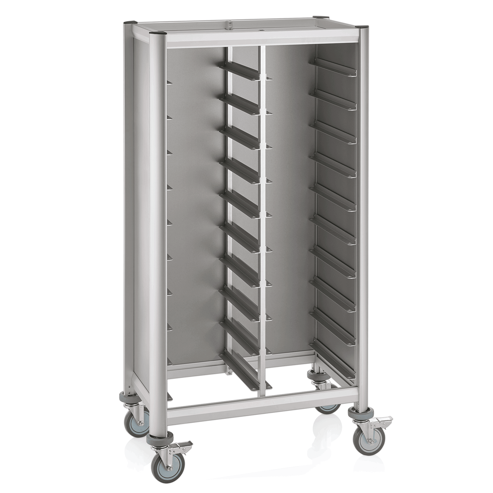 Tablettwagen - 47 kg - Alu-Profile mit MDF-Seitenteilen - 4 schwenkbare Rollen, davon 2 mit Feststel