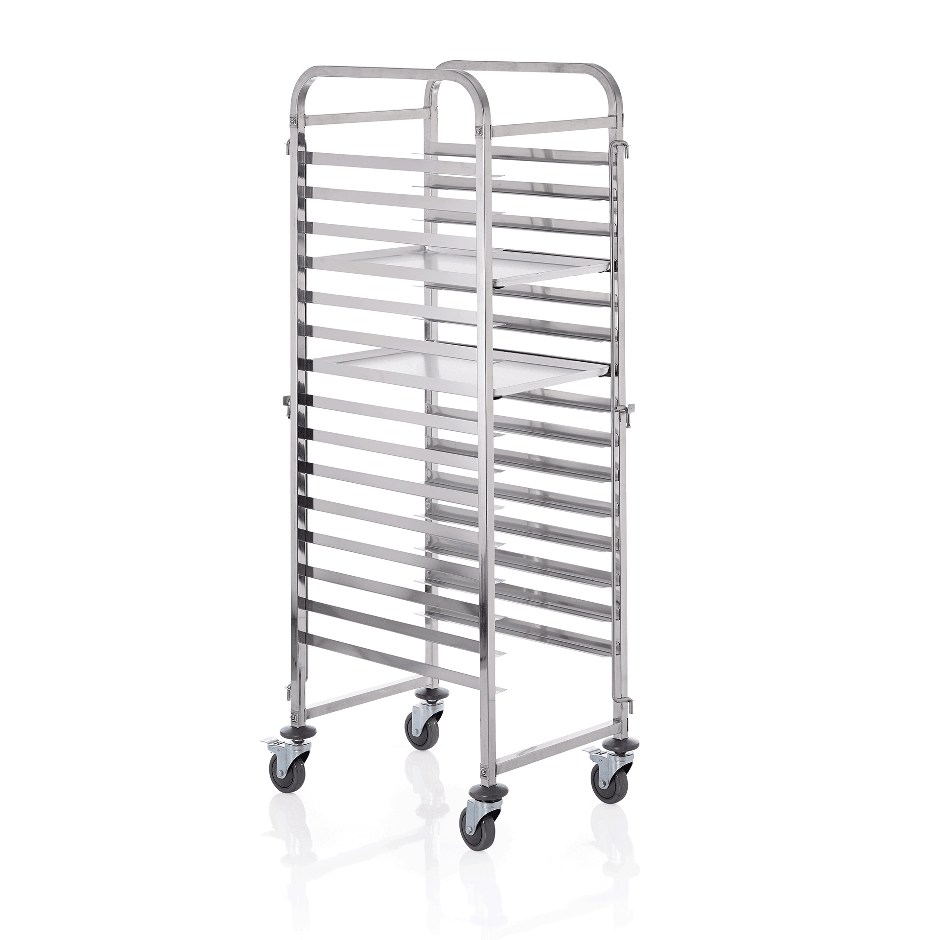 Regalwagen - 24 kg - Edelstahl - passend für 15 Backbleche 60 x 40 cm, 4 schwenkbare Rollen, davon 2