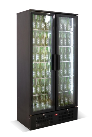 Barkühlschrank hoch, 458 Liter, 0 bis +10 °C, 2 Glastüren, Umluftkühlung, schwarz