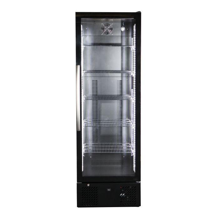 Barkühlschrank, 293 Liter, +2 bis +10 °C, 1 Glastür, Umluftkühlung, schwarz