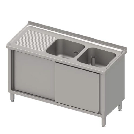 Spülschrank, Aufkantung, Schiebetüren, 2 Becken, Überlaufrohr, Tiefe 600mm