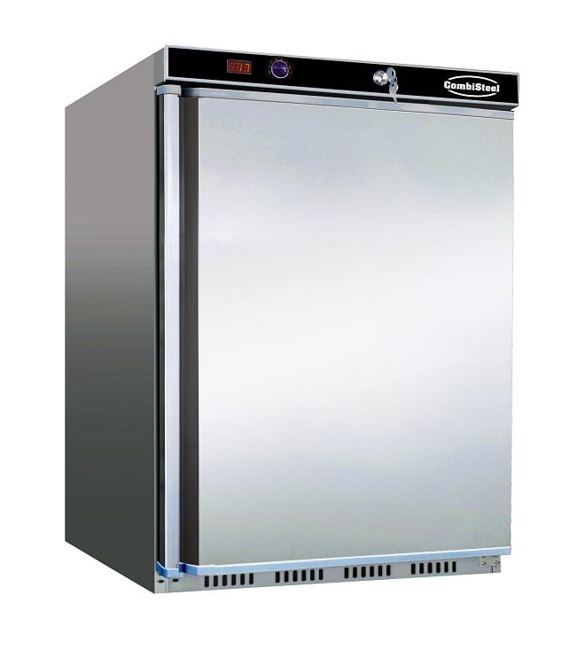 Gewerbe-Edelstahlkühlschrank mit Volltür, 130 Liter, +2 bis +8 °C, abschließbar, Tür umkehrbar
