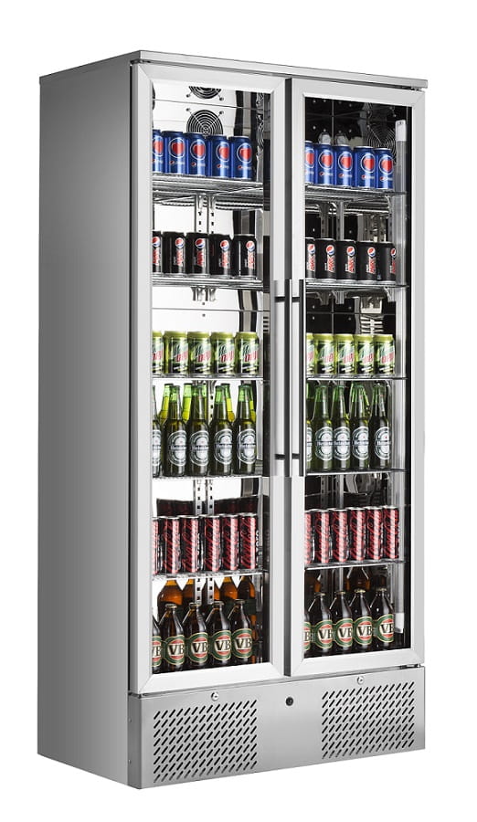 Barkühlschrank hoch, 458 Liter, +2 bis +10 °C, 2 Glastüren, Umluftkühlung, Farbe: Edelstahl
