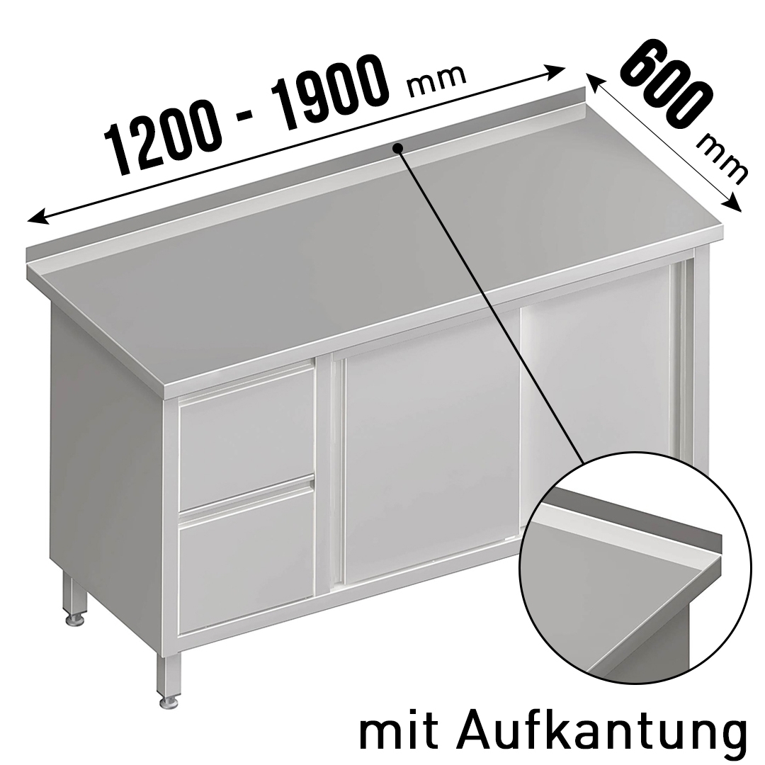 Arbeitsschrank, mit Schiebetüren, mit Aufkantung, mit 2er Schubladenblock links, 1 höhenverstellbare