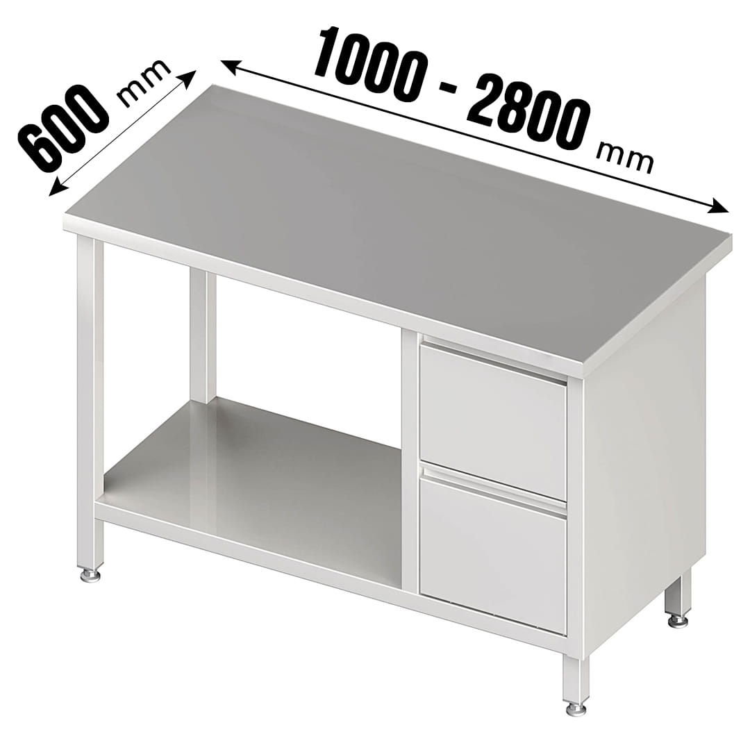 Arbeitstisch, ohne Aufkantung, Grundboden, 2 Schubladen rechts, Tiefe 600mm