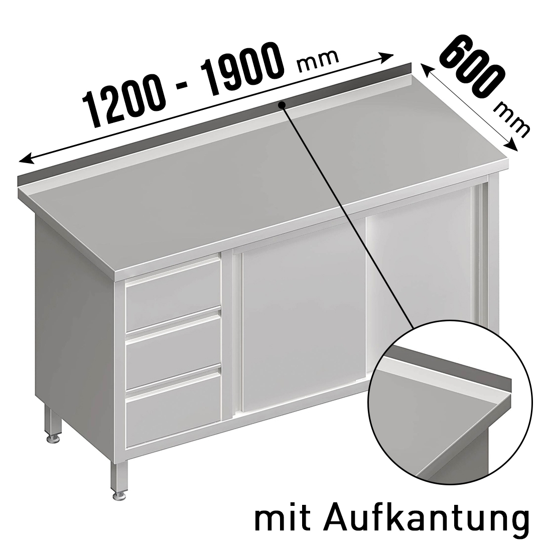 Arbeitsschrank, mit Schiebetüren, mit Aufkantung, mit 3er Schubladenblock links, 1 höhenverstellbare