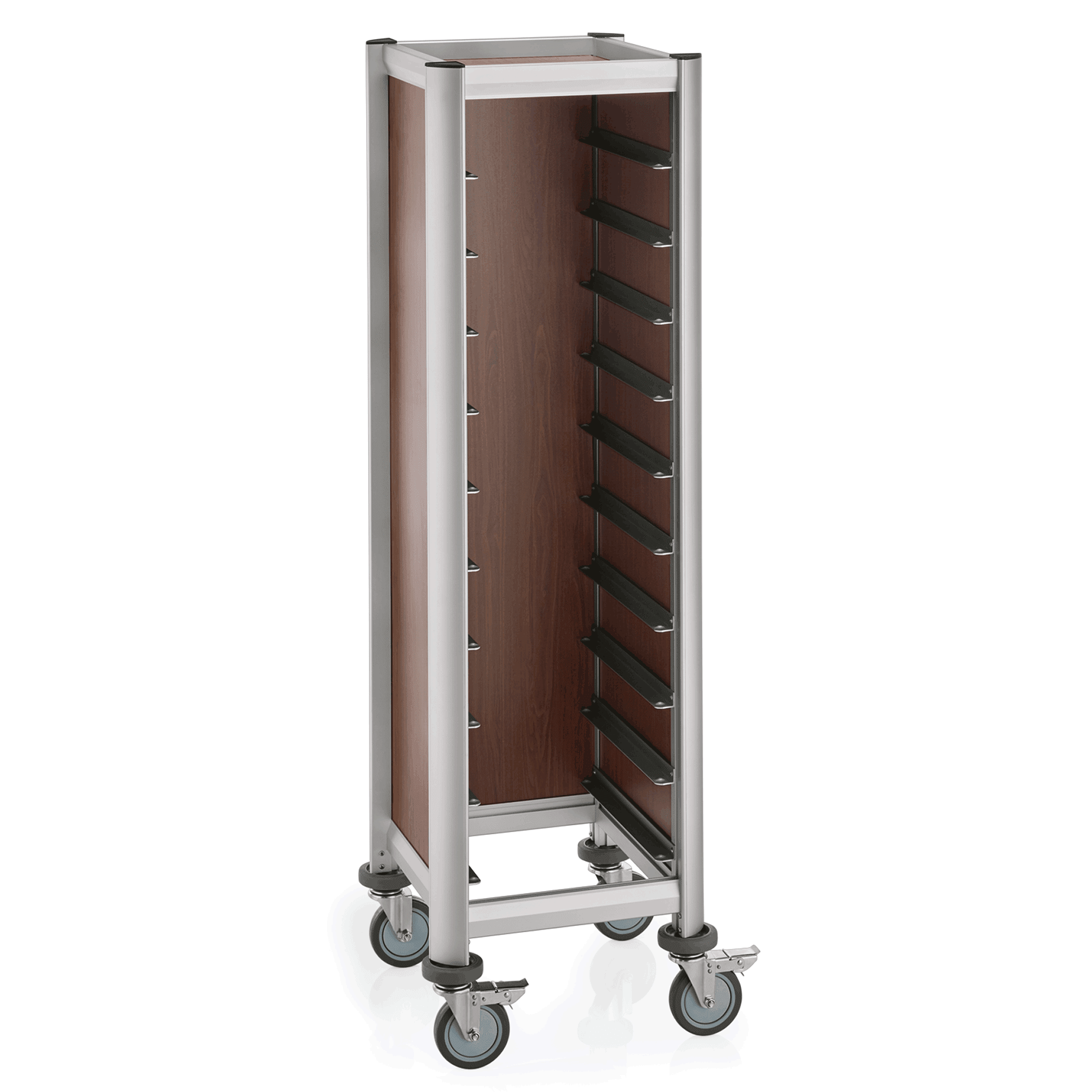 Tablettwagen, dunkle Holzoptik, passend für Tabletts 455x355 mm, 10 Schienen/Abstand 130 mm