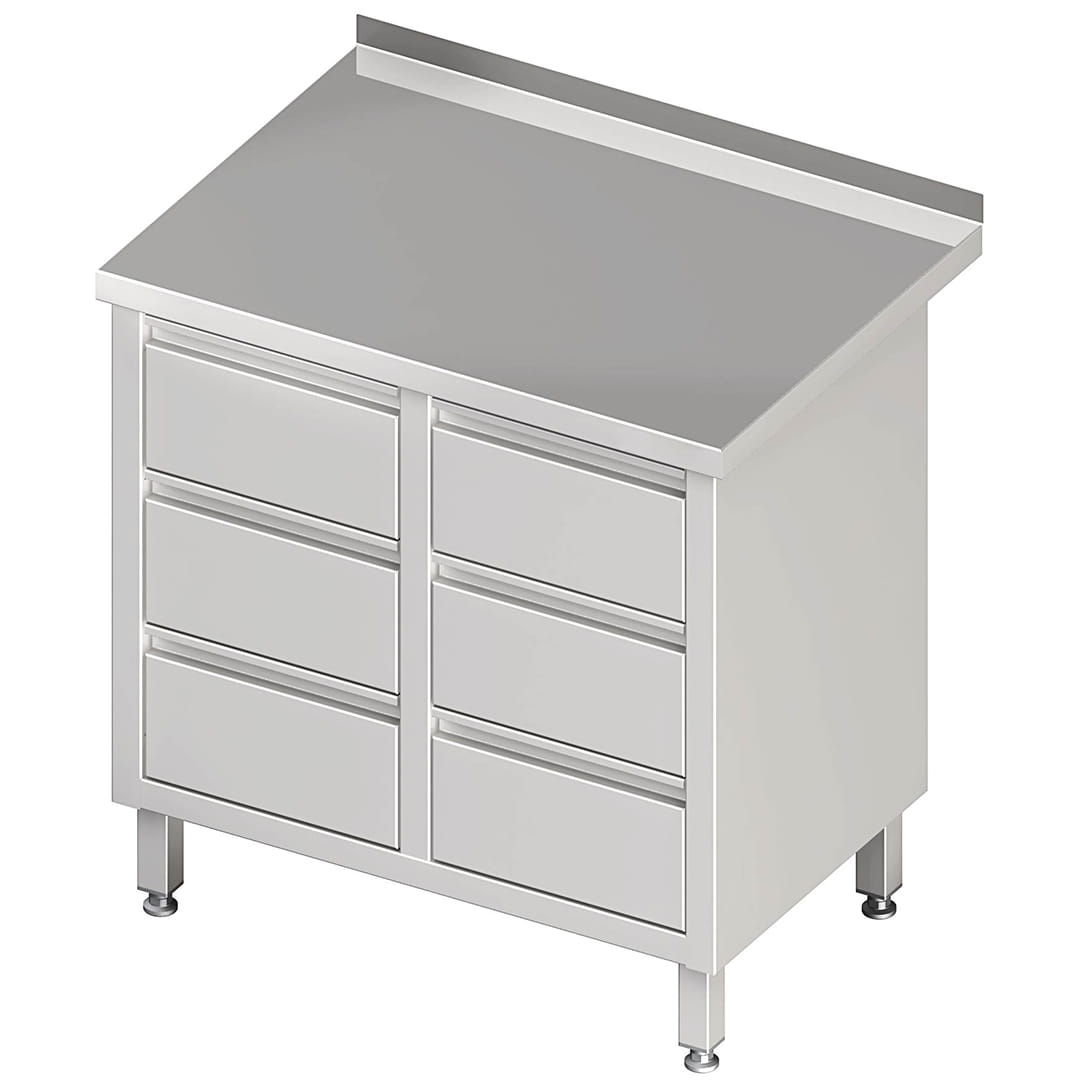 Schubladenschrank mit 2 x 3 Schubladen, mit Aufkantung, Edelstahl rostfrei, Tiefe 600mm