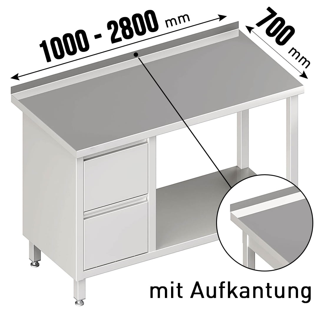 Arbeitstisch, mit Aufkantung, mit Grundboden, mit 2er Schubladenblock links