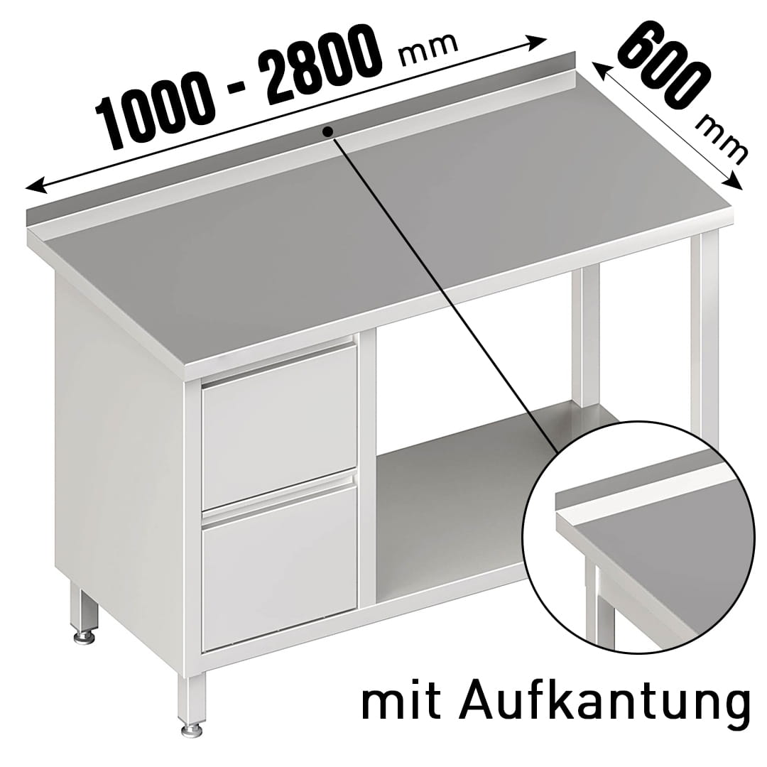 Arbeitstisch, Aufkantung, Grundboden, 2 Schubladen links, Tiefe 600mm