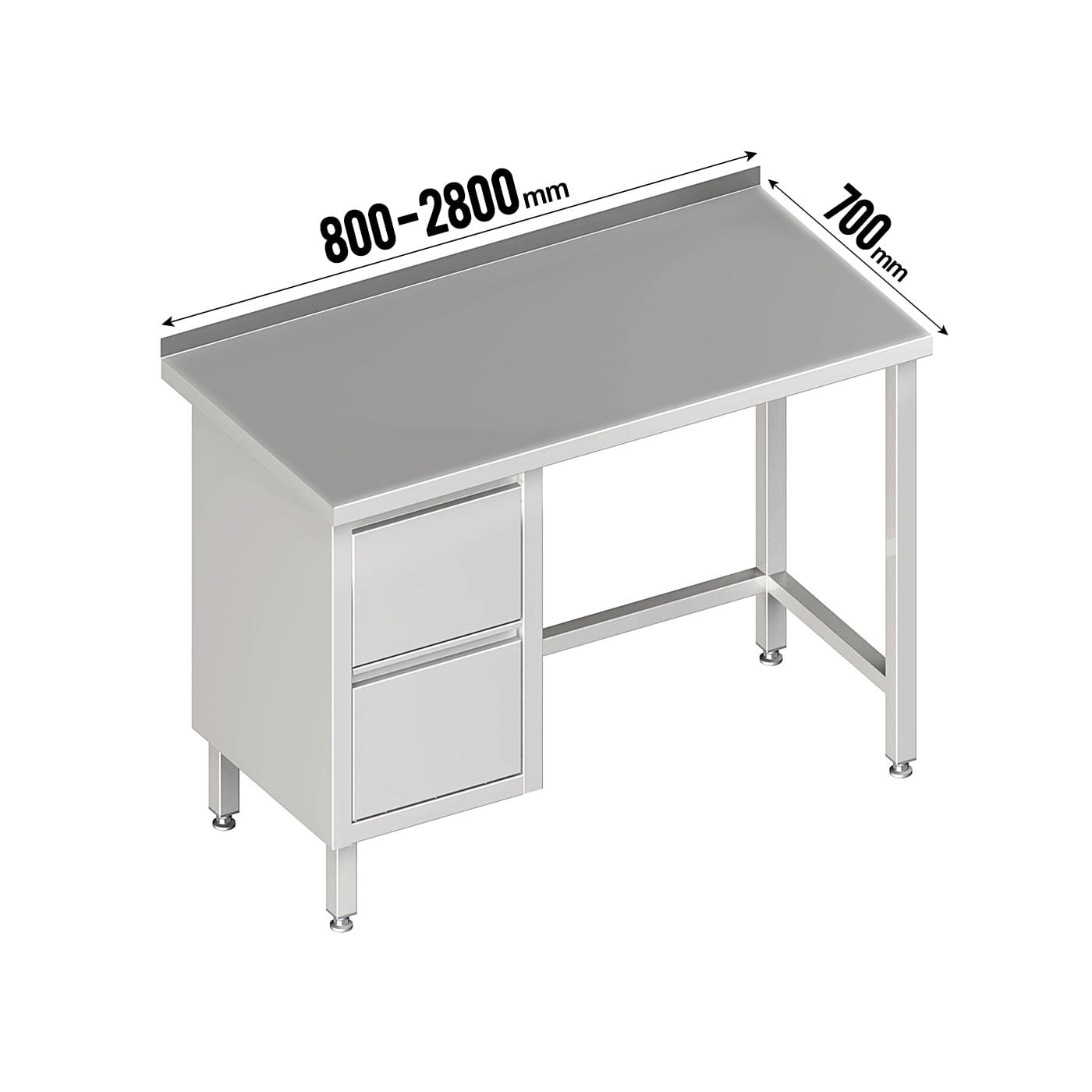 Arbeitstisch ohne Grundboden mit 2er Schubladenblock links, mit Aufkantung, Tiefe 700mm