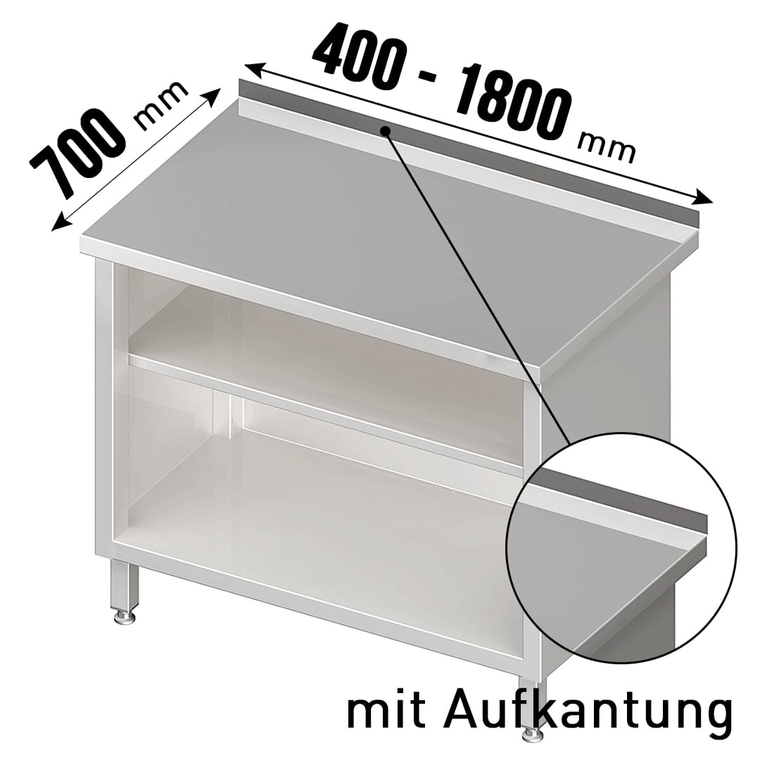 Arbeitsschrank, vorne offen, mit Aufkantung, 1 höhenverstellbarer Einlegeboden, Edelstahl rostfrei
