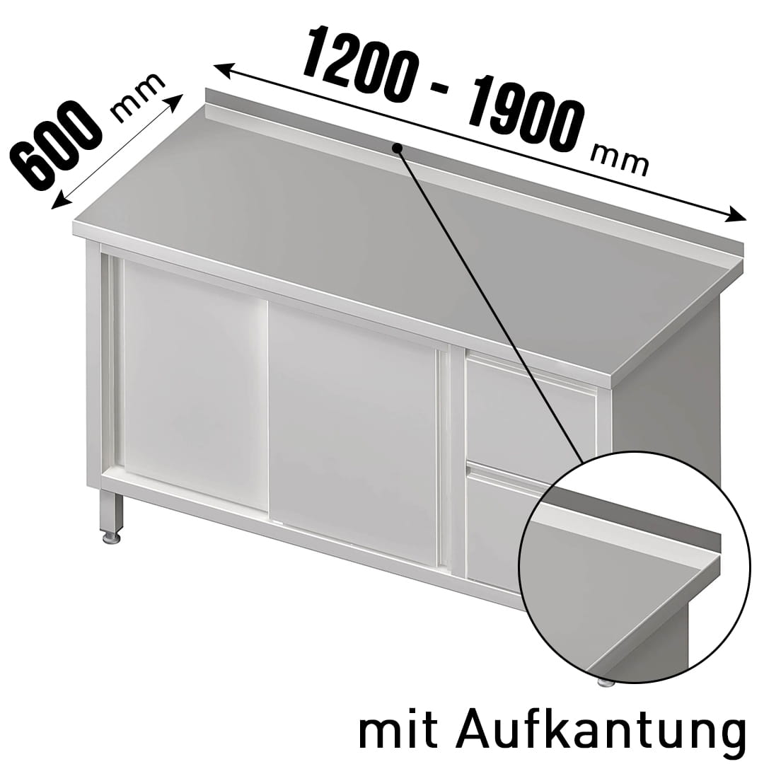 Arbeitsschrank, mit Schiebetüren, mit Aufkantung, mit 2er Schubladenblock rechts, 1 höhenverstellbar