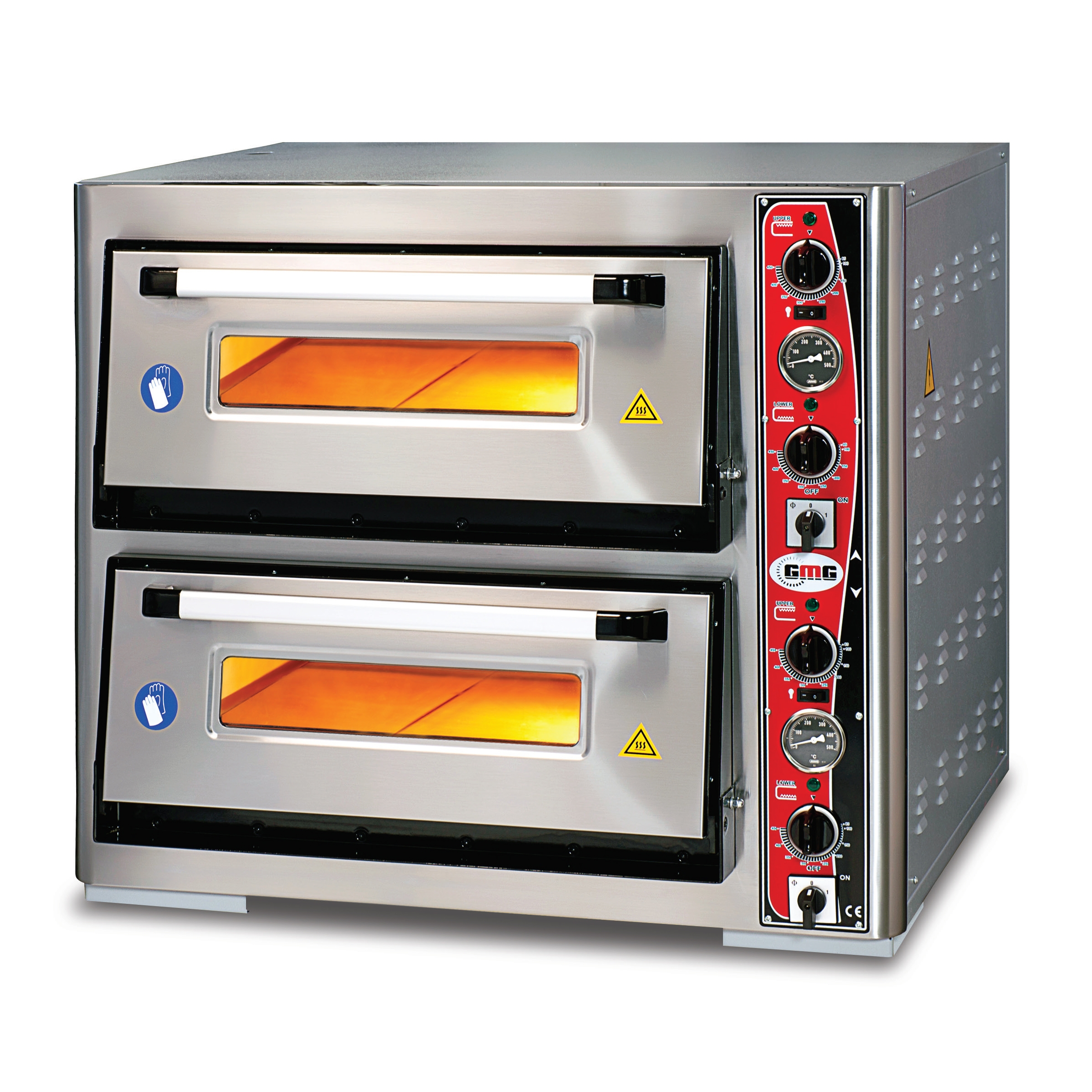 Pizzaofen, 2 Kammern für je 4 Bleche Ø 330 mm, Schamottsteinboden, analoge Temperaturanzeige