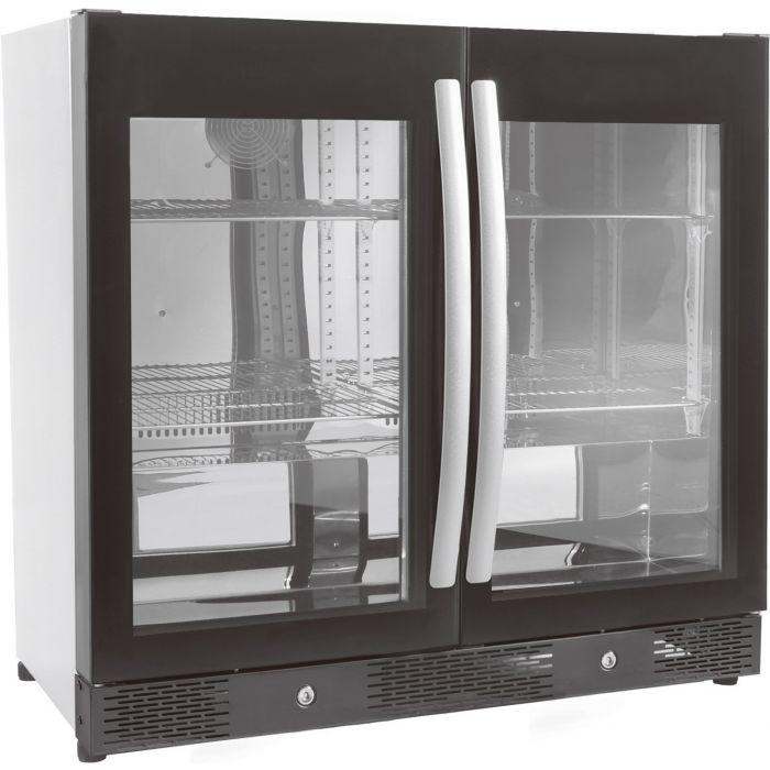 Barkühlschrank, 198 Liter, +2 bis +10 °C, 2 Glastüren, Umluftkühlung, schwarz