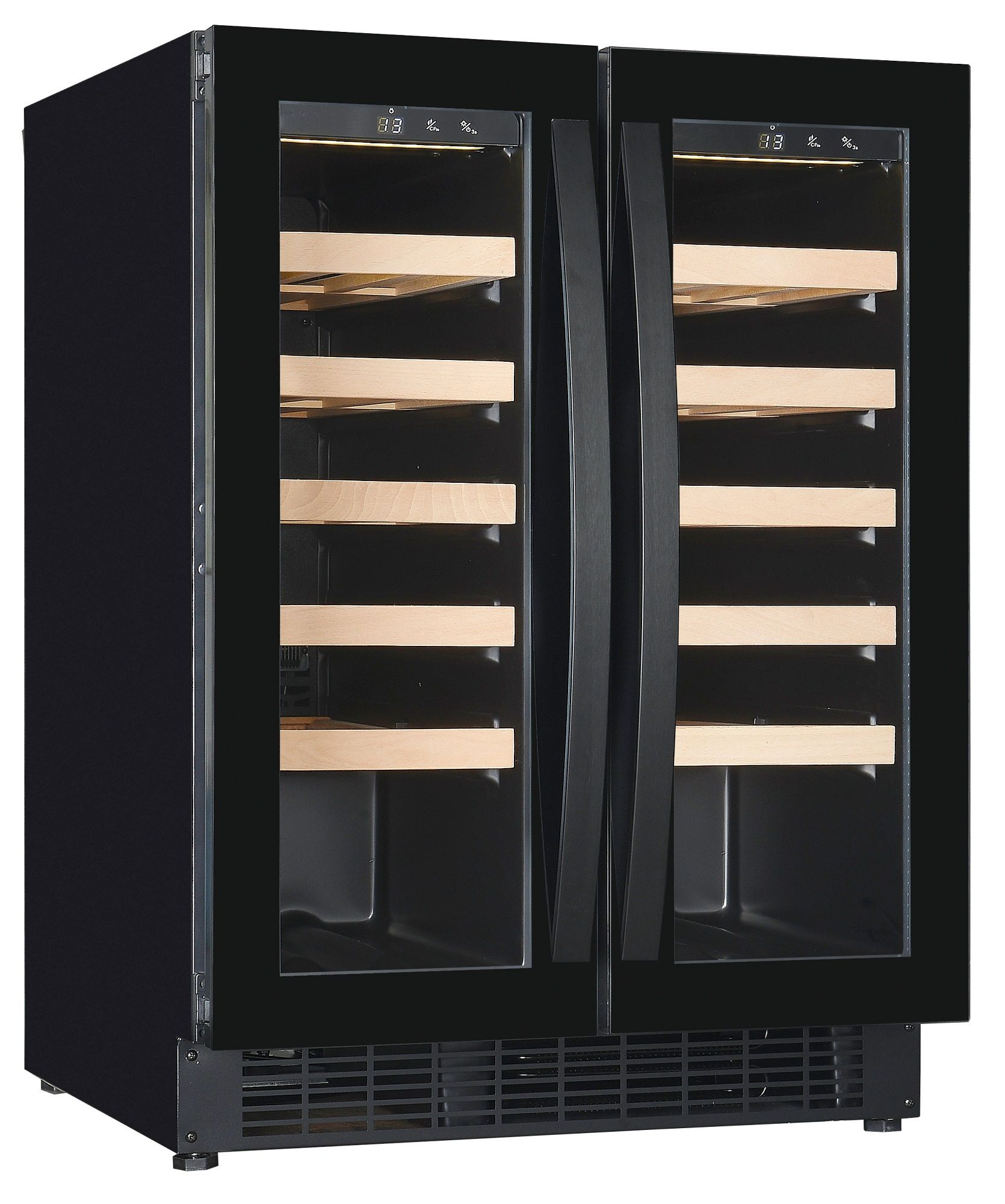 Weinkühlschrank, 100 Liter, bis 40 Flaschen, +5 bis +20 °C, 2 Zonen, 2 Glastüren, Umluftkühlung, sch
