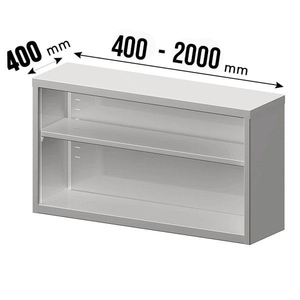 Wandhängeschrank, vorne offen, Zwischenboden höhenverstellbar, Edelstahl, 400mm Tiefe