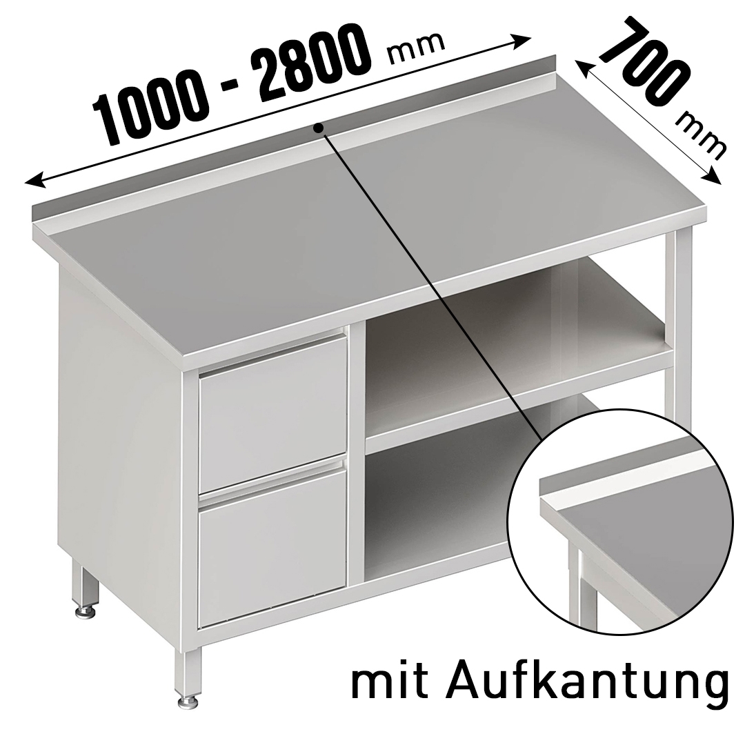 Arbeitstisch, mit Aufkantung, mit Grundboden, mit Zwischenboden, mit 2er Schubladenblock links