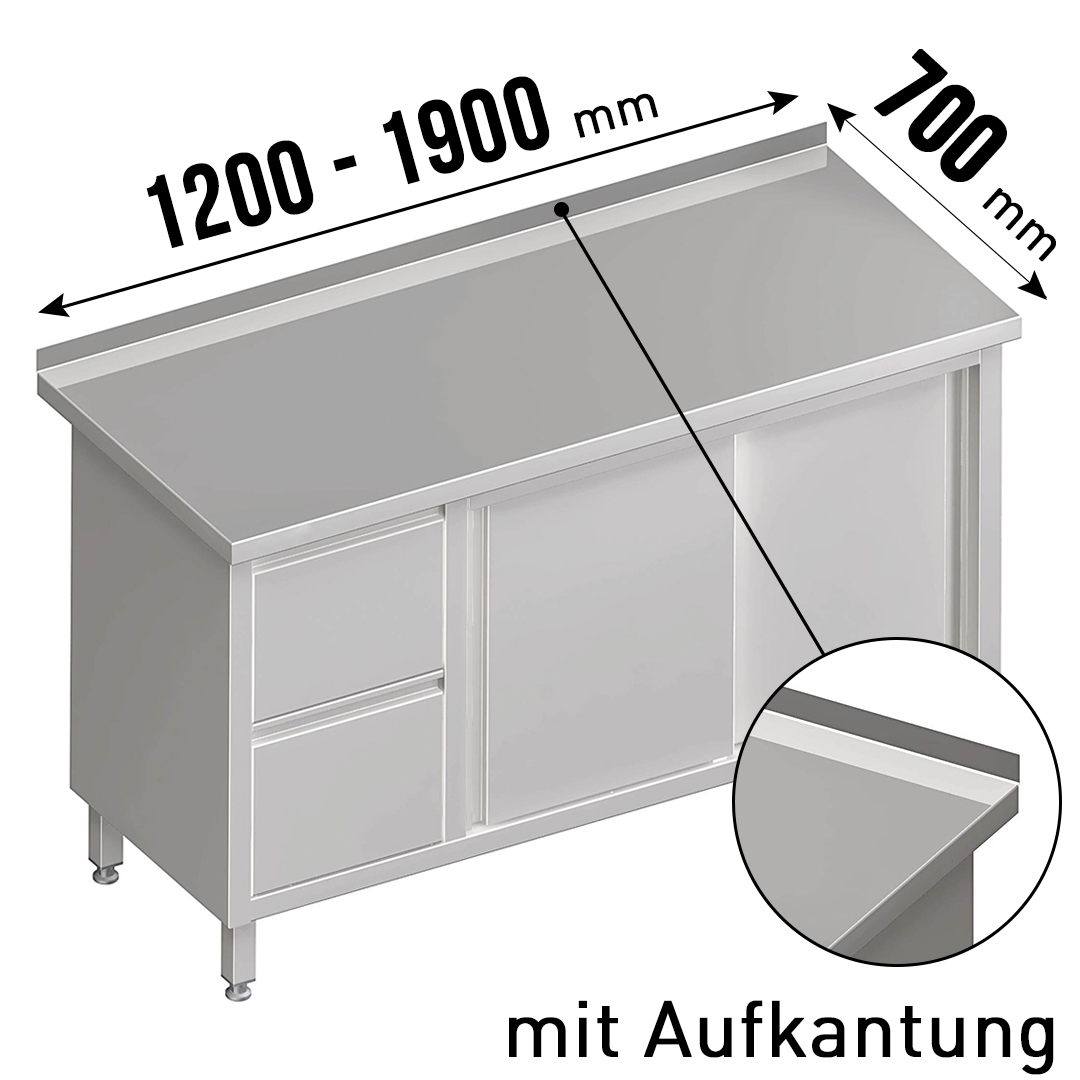 Arbeitsschrank, Schiebetüren, Aufkantung, 2 Schubladen links, Tiefe 700mm