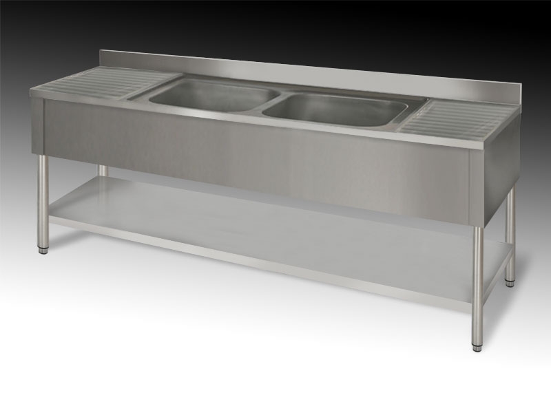 STOCK Spültisch, 2 Becken mittig, Abtropf links+rechts, offener Unterbau mit Grundboden, runde Beine