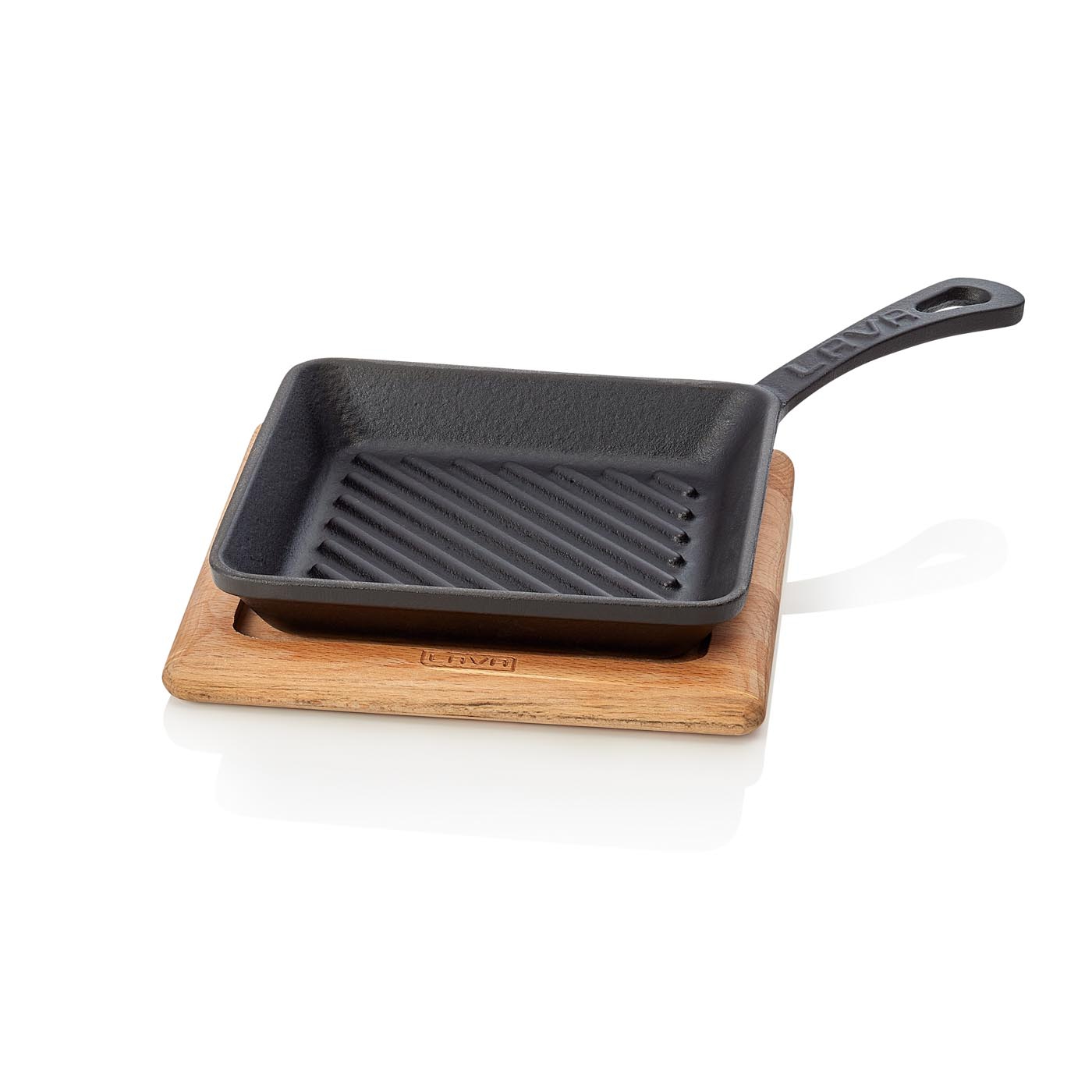 Grillpfanne | Servierpfanne EisenStil, rautenförmig, Holzuntersetzer, Gußeisen emailliert, schwarz