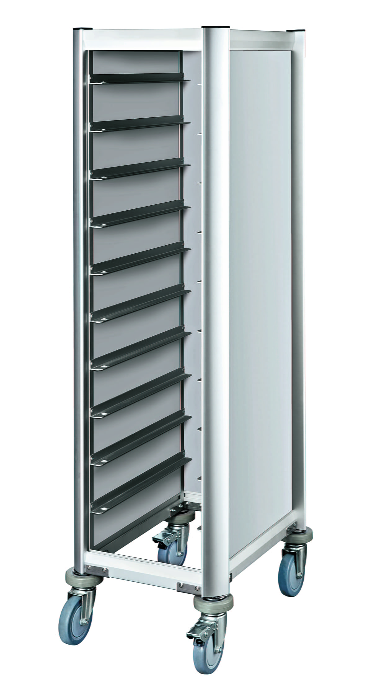 Tablettwagen, Aluoptik, passend für Tabletts GN 1/1, 10 Schienen/Abstand 130 mm