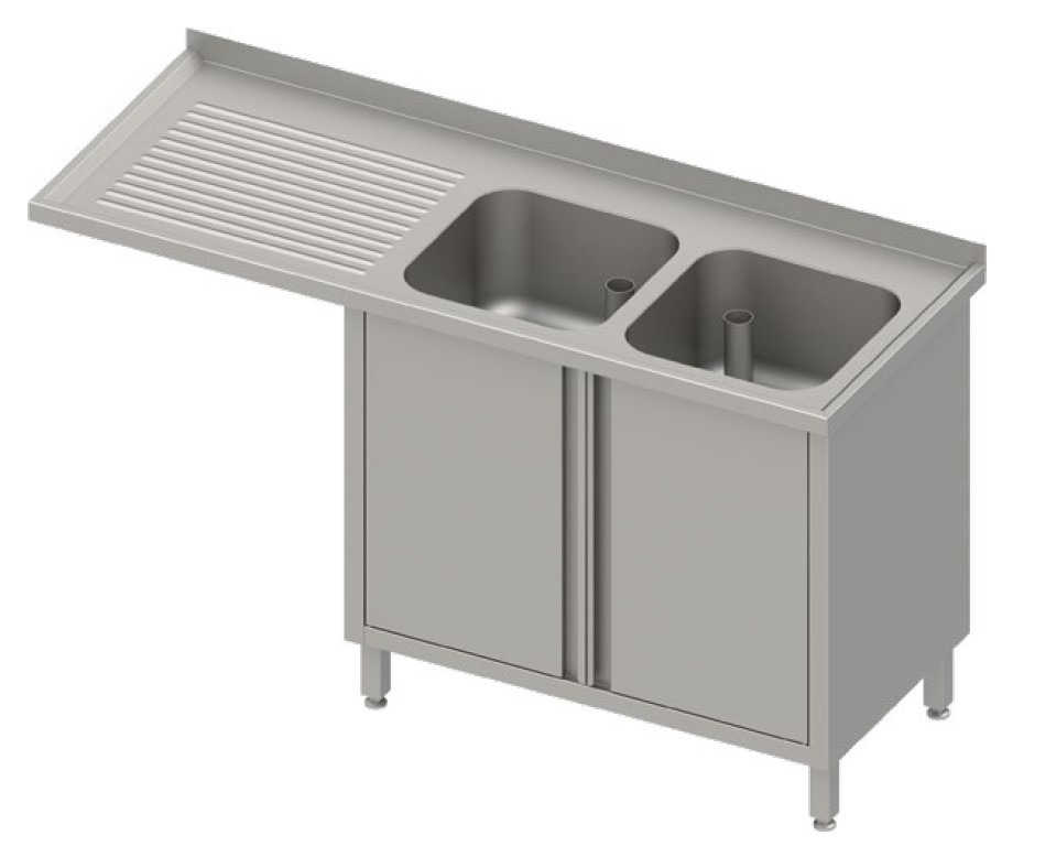 Spülschrank mit Flügeltüren, zwei Becken und Überstand
