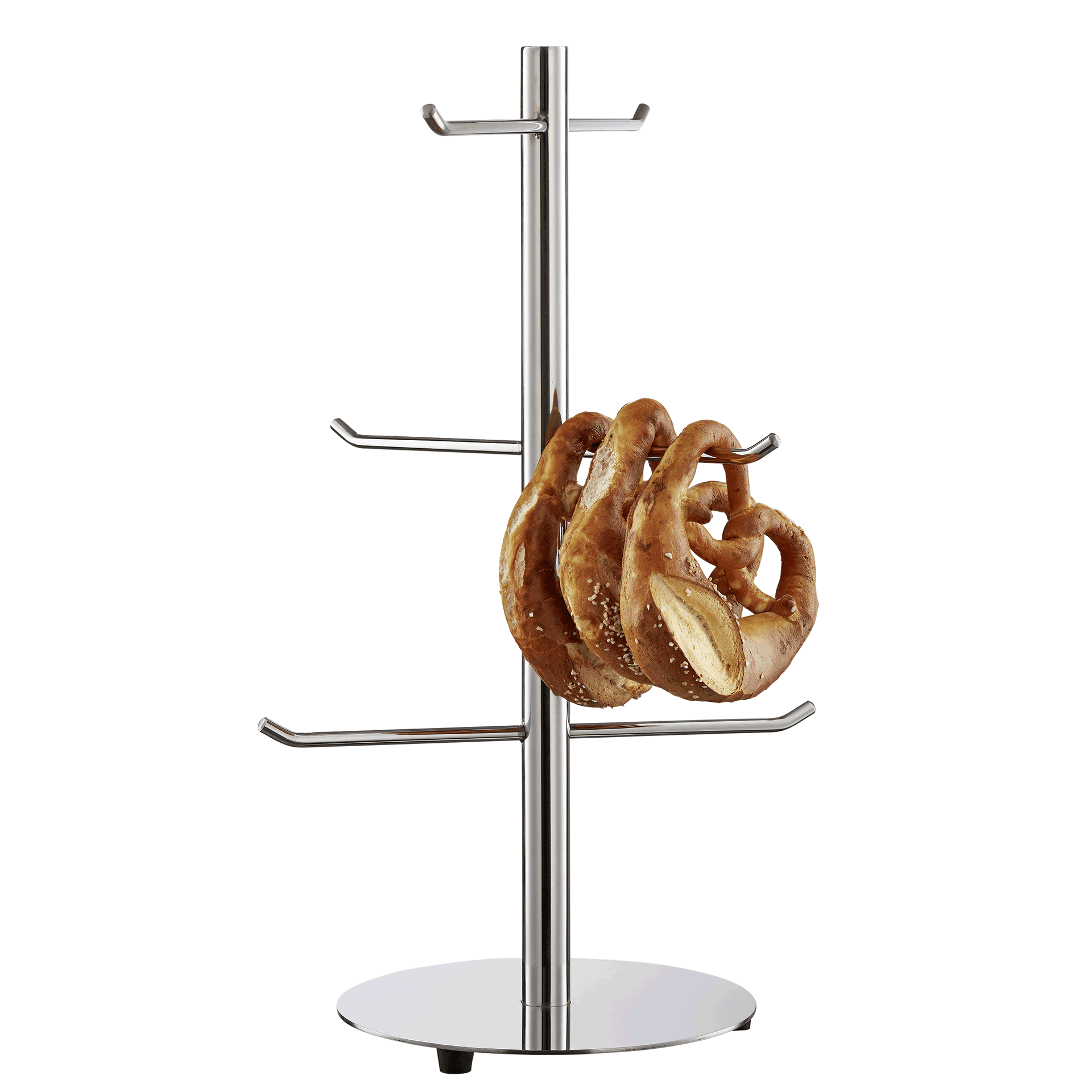 Brezel- und Wurstständer, Edelstahl, Höhe 50 cm, Bodenplatte ø 22 cm mit Gummifüßen