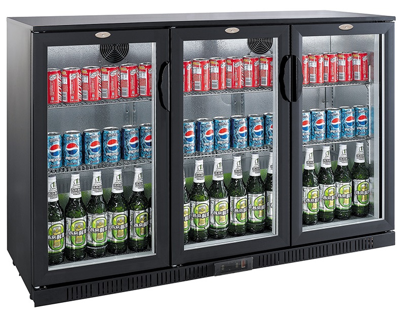 Barkühlschrank, 330 Liter, +2 bis +10 °C, 3 Türen, Statische Kühlung mit Lüfter, schwarz