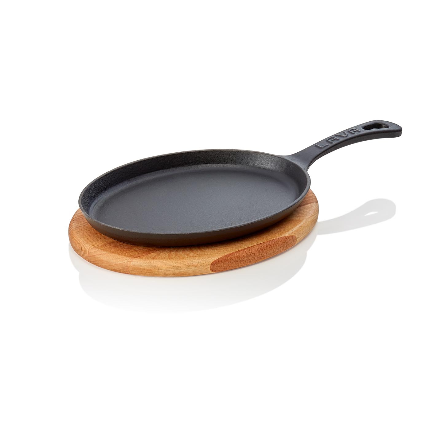 Bratpfanne | Servierpfanne EisenStil, oval, mit Holzuntersetzer, Gußeisen emailliert